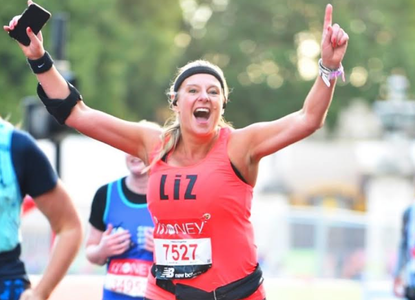 Liz Mawybey running a marathon to fundraise for Shout finish line.png
